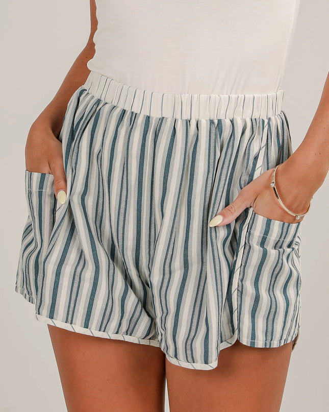 Gray Stripe Elastic Waist Cargo Pocket Casual Shorts
