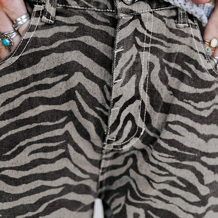 Gray Zebra Stripe Printed Wide Leg Jeans