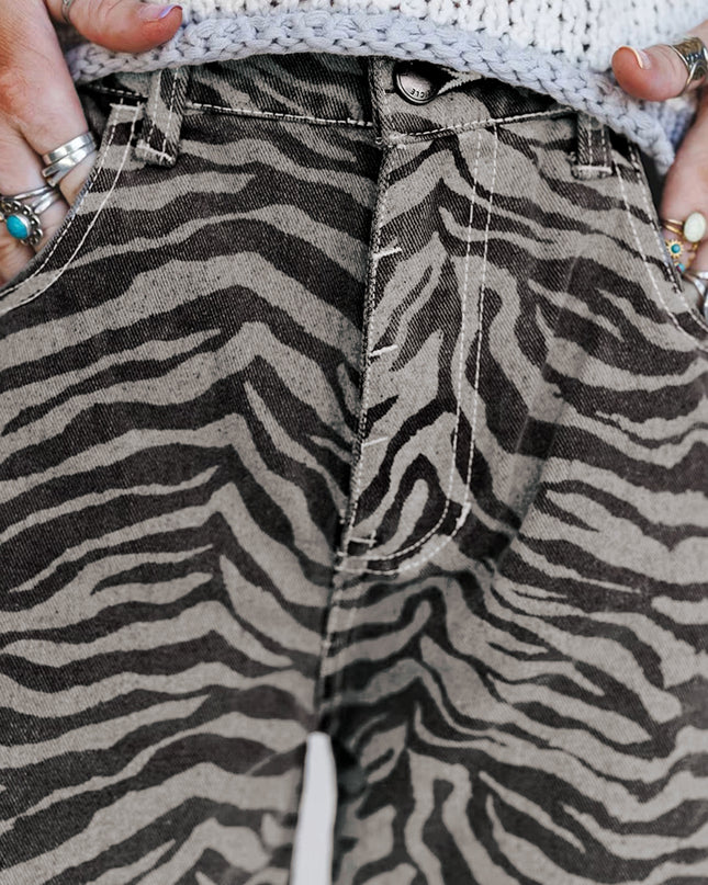 Gray Zebra Stripe Printed Wide Leg Jeans