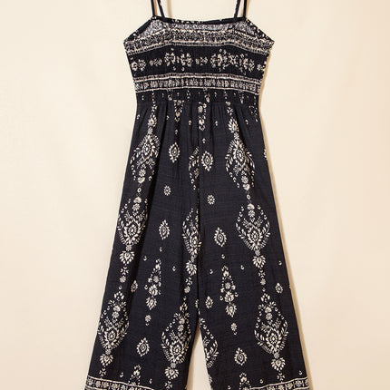 Black Spaghetti Straps Elastic Waist Loose Ethnic Print Jumpsuit