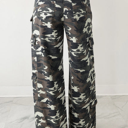 Green Camo Denim Cargo Wide Leg Pants