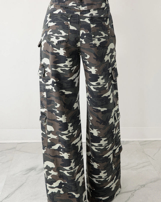 Green Camo Denim Cargo Wide Leg Pants