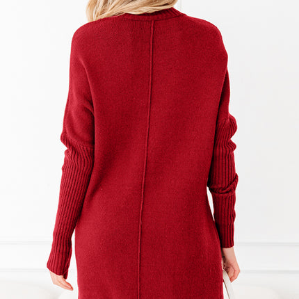 Chestnut Ribbed High Neck Front Pockets Center Seam Shift Sweater Dress