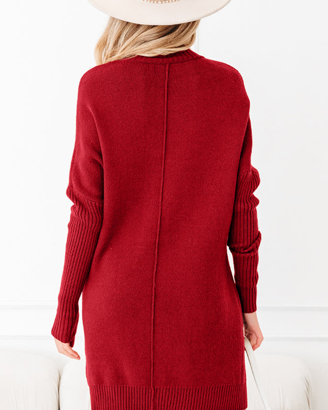 Chestnut Ribbed High Neck Front Pockets Center Seam Shift Sweater Dress