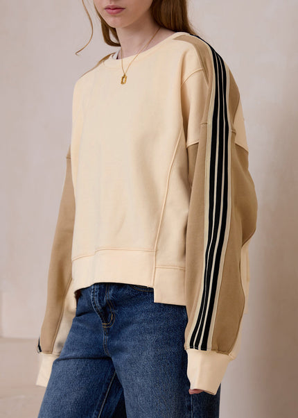 Beige Contrast Striped Patchwork Drop Shoulder Loose Sweatshirt