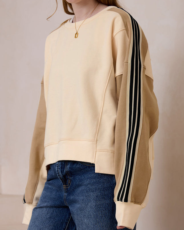Beige Contrast Striped Patchwork Drop Shoulder Loose Sweatshirt