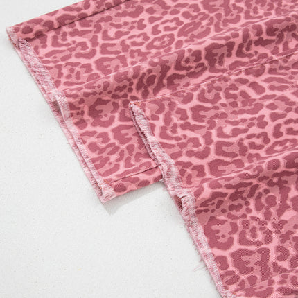 Rose Leopard Frayed Edge Wide Leg High Waist Jeans