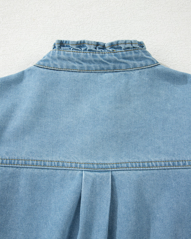 Myosotis Frilled Detail Button Down Ruffle Short Sleeve Denim Mini Dress