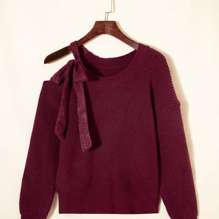Burgundy Lace Bowknot Asymmetric Neck Sweater