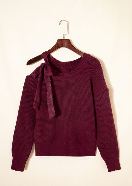 Burgundy Lace Bowknot Asymmetric Neck Sweater