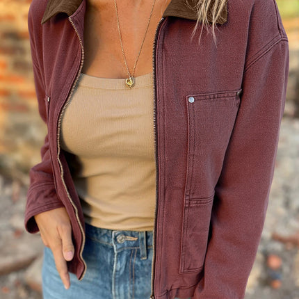 Coffee Corduroy Collar Zipped Front Denim Jacket