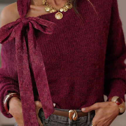 Burgundy Lace Bowknot Asymmetric Neck Sweater