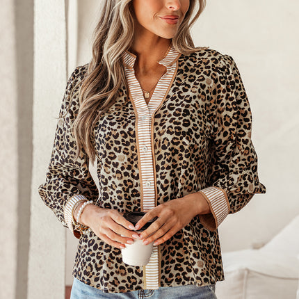 Khaki Contrast Striped Trim V Neck Leopard Shirt