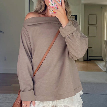 Beige Solid Color Waffle Knit Asymmetric Neck Long Sleeve Top