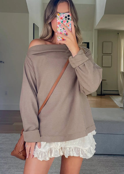 Beige Solid Color Waffle Knit Asymmetric Neck Long Sleeve Top