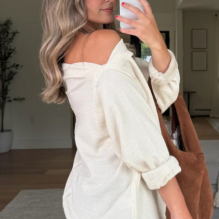Beige Solid Color Waffle Knit Asymmetric Neck Long Sleeve Top