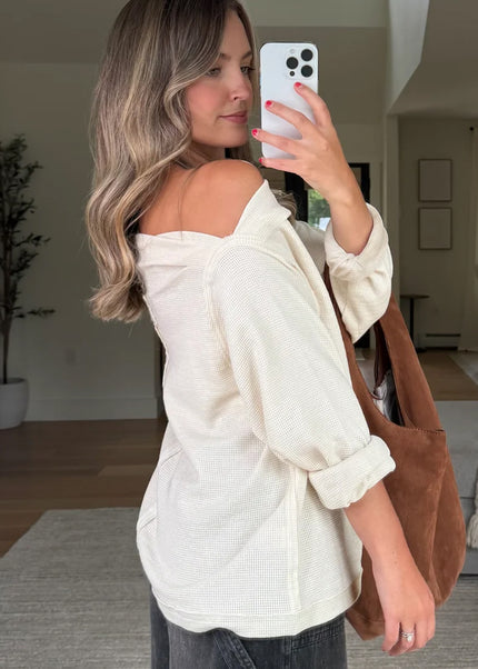 Beige Solid Color Waffle Knit Asymmetric Neck Long Sleeve Top