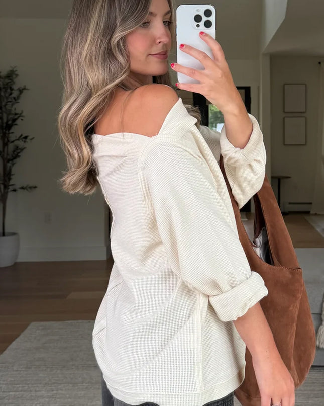 Beige Solid Color Waffle Knit Asymmetric Neck Long Sleeve Top