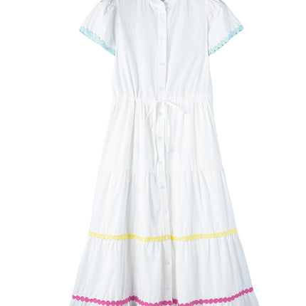 White Colorblock Rickrack Trim Short Sleeve Drawstring Waist Long Dress