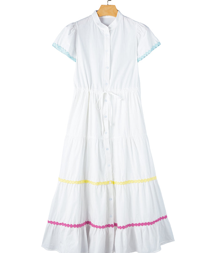 White Colorblock Rickrack Trim Short Sleeve Drawstring Waist Long Dress