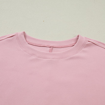 Light Pink Solid Color Bow Textured Patchwork Long Sleeve Tee