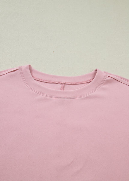 Light Pink Solid Color Bow Textured Patchwork Long Sleeve Tee