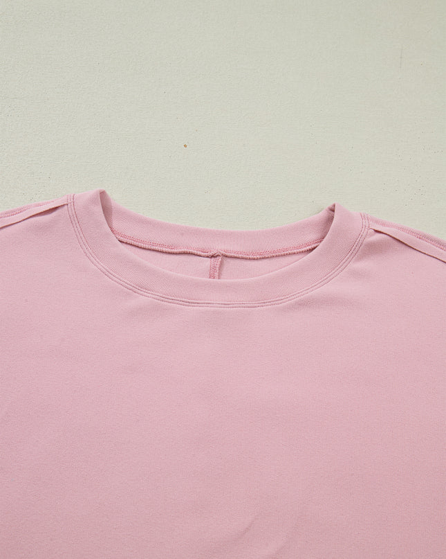 Light Pink Solid Color Bow Textured Patchwork Long Sleeve Tee