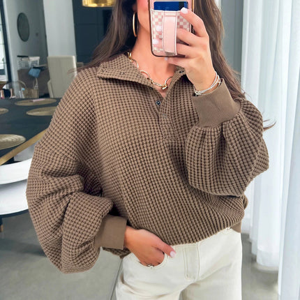 Casual Solid Color Textured Snap Button Collared Baggy Top