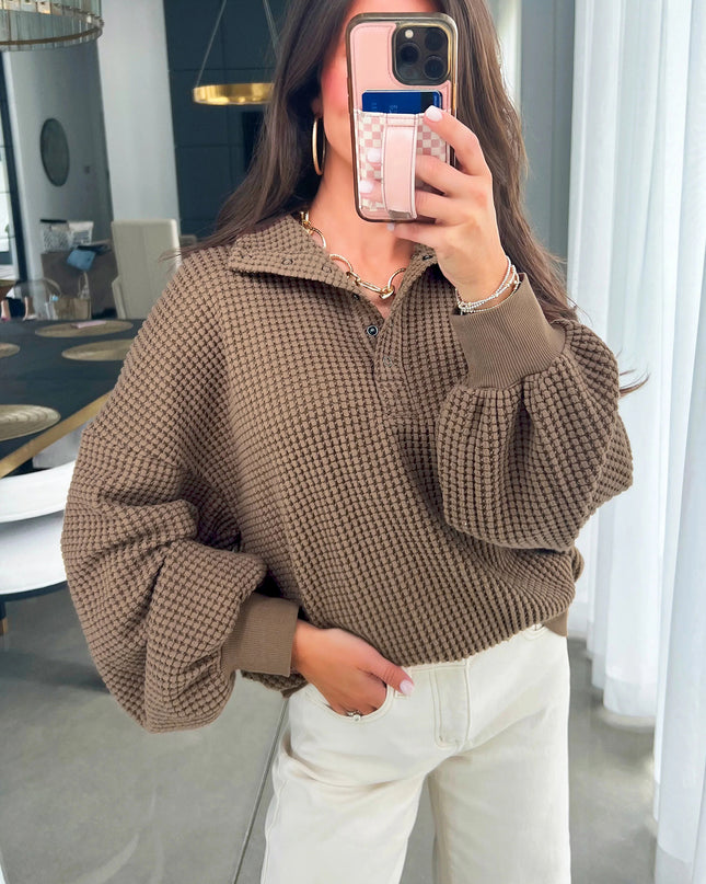 Casual Solid Color Textured Snap Button Collared Baggy Top