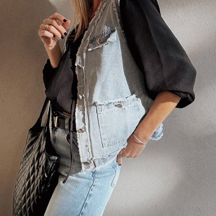 Beau Blue Frayed Edge Flap Pockets Denim Vest Jacket