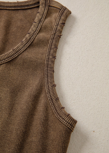 Coffee Vintage Distressed Ribbed Tank Top