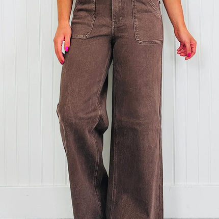 Dark Brown Retro Washed Patch Pocket Loose Jeans