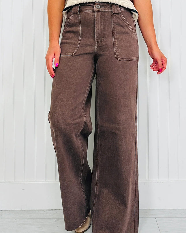 Dark Brown Retro Washed Patch Pocket Loose Jeans