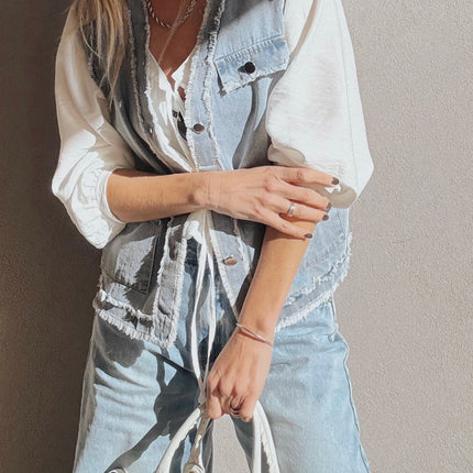 Beau Blue Frayed Edge Flap Pockets Denim Vest Jacket