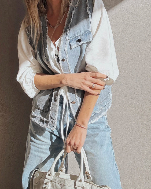 Beau Blue Frayed Edge Flap Pockets Denim Vest Jacket