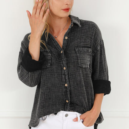 Black Crinkle Textured Chest Pockets Shirt