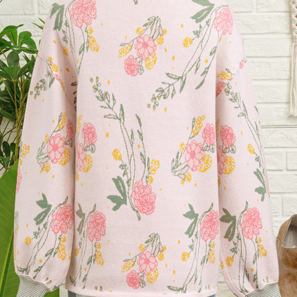 Pink Floral Pattern Striped V Neck Loose Sweater