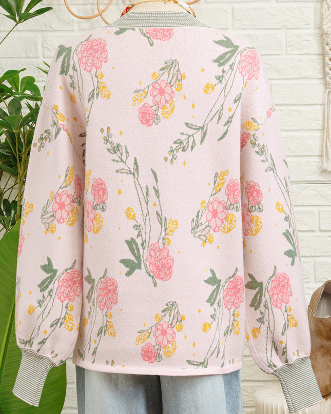 Pink Floral Pattern Striped V Neck Loose Sweater
