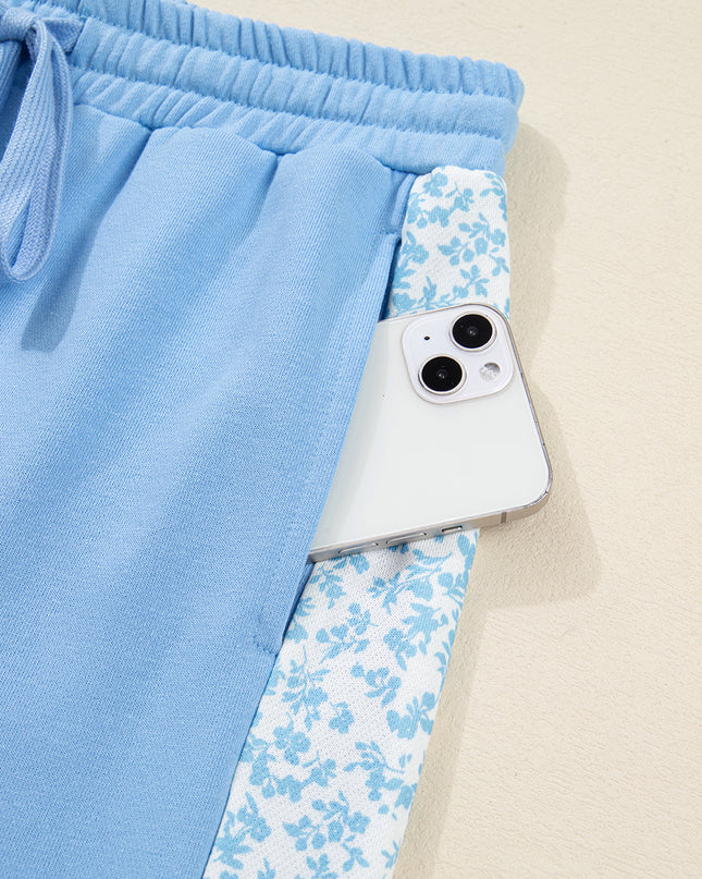 Beau Blue Floral Patchwork Drop Shoulder Pullover and Sweatpants Lounge Set