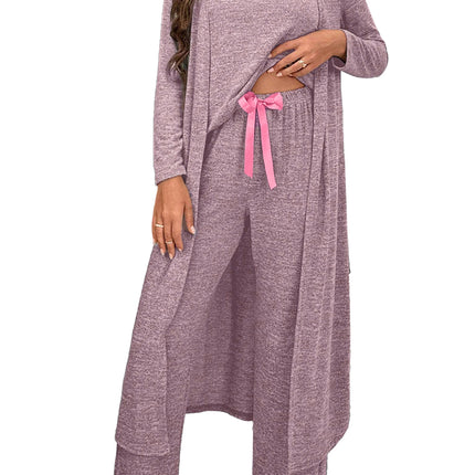 Dark Grey 3pcs V Neck T Shirt Ribbon Knot Pants Open Duster 3pcs Lounge Set