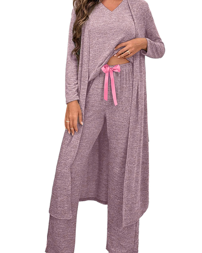 Dark Grey 3pcs V Neck T Shirt Ribbon Knot Pants Open Duster 3pcs Lounge Set
