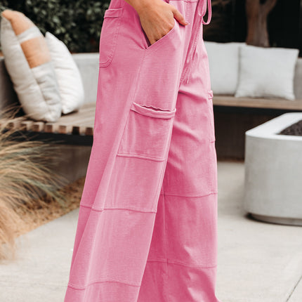 Bonbon Exposed Seam Drawstring Elastic Waistband Wide Leg Cargo Pants