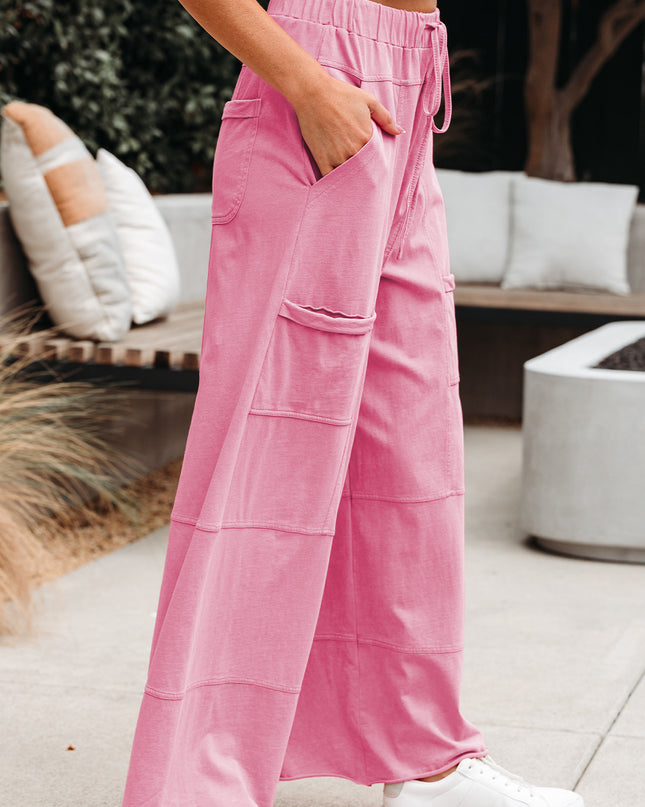 Bonbon Exposed Seam Drawstring Elastic Waistband Wide Leg Cargo Pants