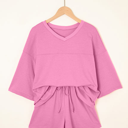 Meadow Mist Green Solid Loose V Neck Half Sleeve Tee and Shorts Set