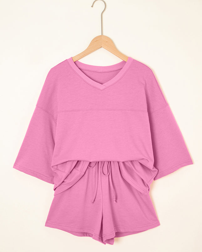 Meadow Mist Green Solid Loose V Neck Half Sleeve Tee and Shorts Set