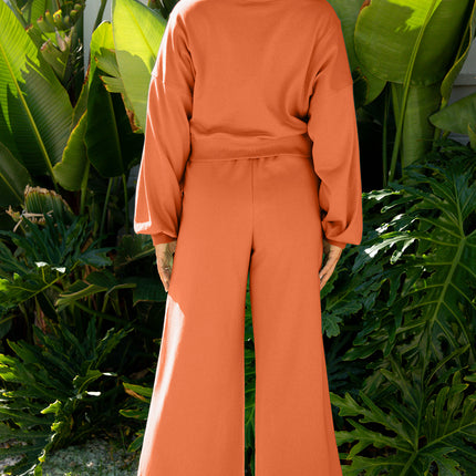 Flamingo Drop Shoulder Puff Sleeve Crop Pullover Drawstring Wide Leg Pants Set