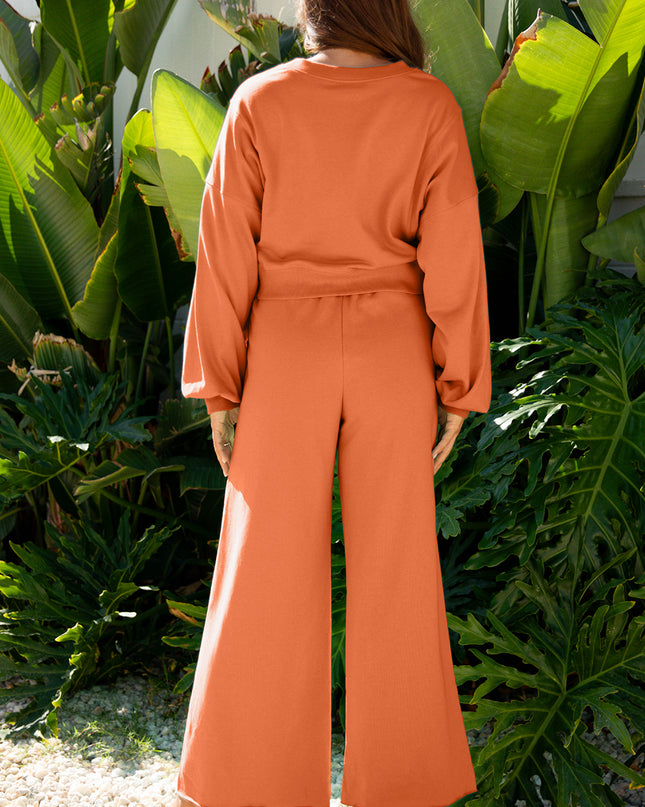 Flamingo Drop Shoulder Puff Sleeve Crop Pullover Drawstring Wide Leg Pants Set