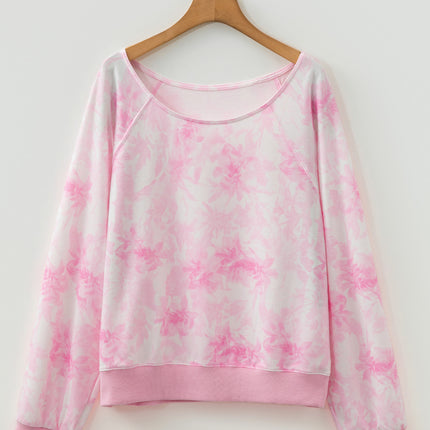 Pink Abstract Woodland Print Asymmetric Shoulder Long Sleeve Top