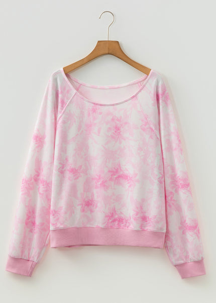 Pink Abstract Woodland Print Asymmetric Shoulder Long Sleeve Top