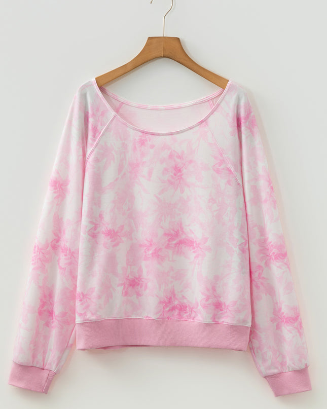 Pink Abstract Woodland Print Asymmetric Shoulder Long Sleeve Top